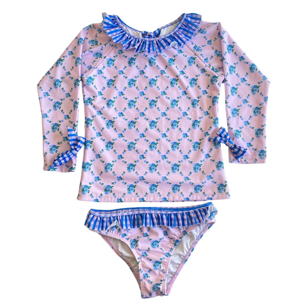 Dondolo Girls Swimsuit Rash Guard Set Pink Blue Floral Print Ruffle Bow 9/10y